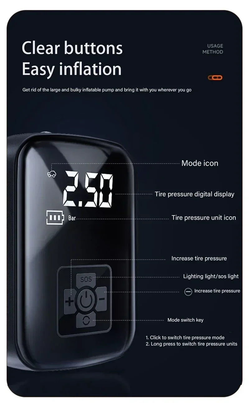π Portable Wireless Air Pump β Electric Tire Inflator with Barometer