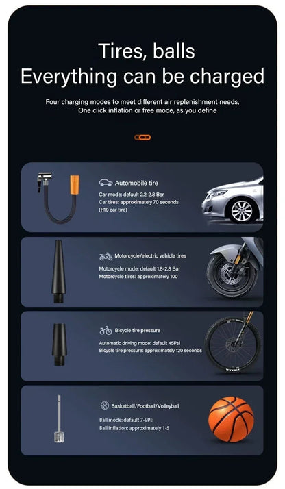 🔋 Portable Wireless Air Pump – Electric Tire Inflator with Barometer
