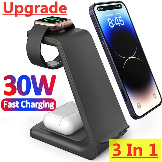 ⚡ 30W 3-in-1 Wireless Charging Stand – Fast Charger Dock for iPhone, Apple Watch & AirPods Pro