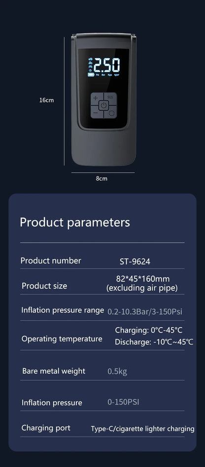 🔋 Portable Wireless Air Pump – Electric Tire Inflator with Barometer