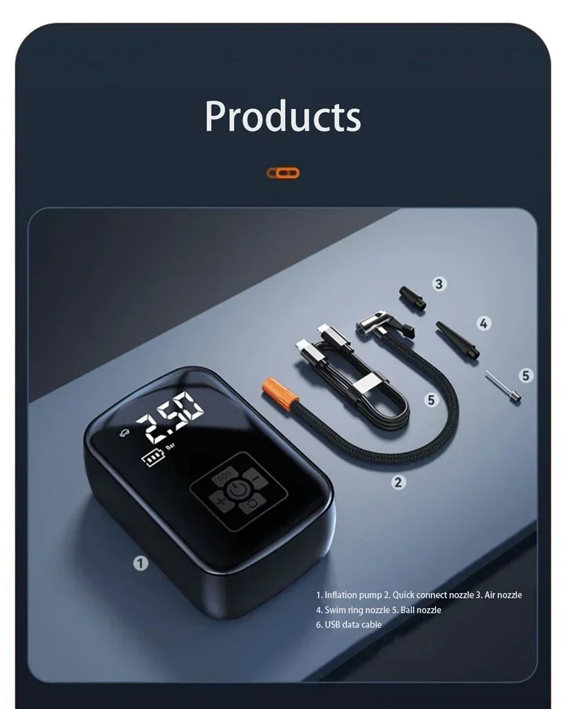🔋 Portable Wireless Air Pump – Electric Tire Inflator with Barometer