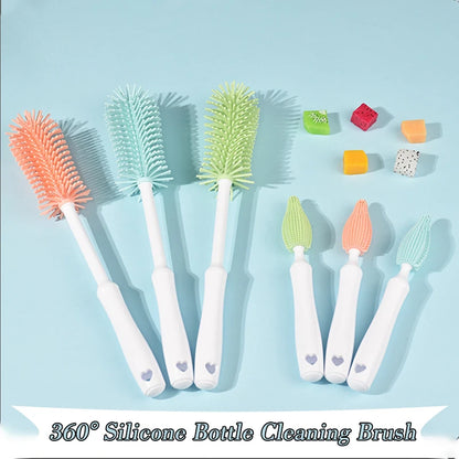 Silicone Baby Bottle & Pacifier Cleaning Set — 360° Straw & Glass Brush