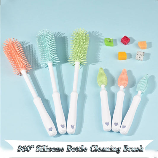 Silicone Baby Bottle & Pacifier Cleaning Set — 360° Straw & Glass Brush